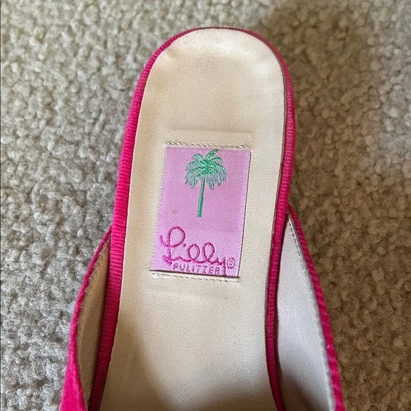 Lilly Pulitzer Vintage Dark Pink Corduroy Mules with Green Palm Trees sz 8.5 - Picture 4 of 10